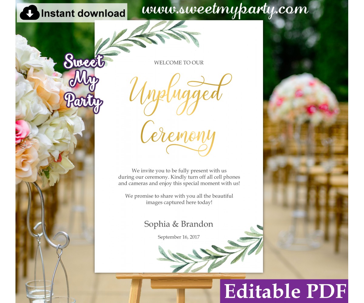 Greenery Unpplugged Ceremony sign template, Greenery Unplugged Wedding sign template, (78)